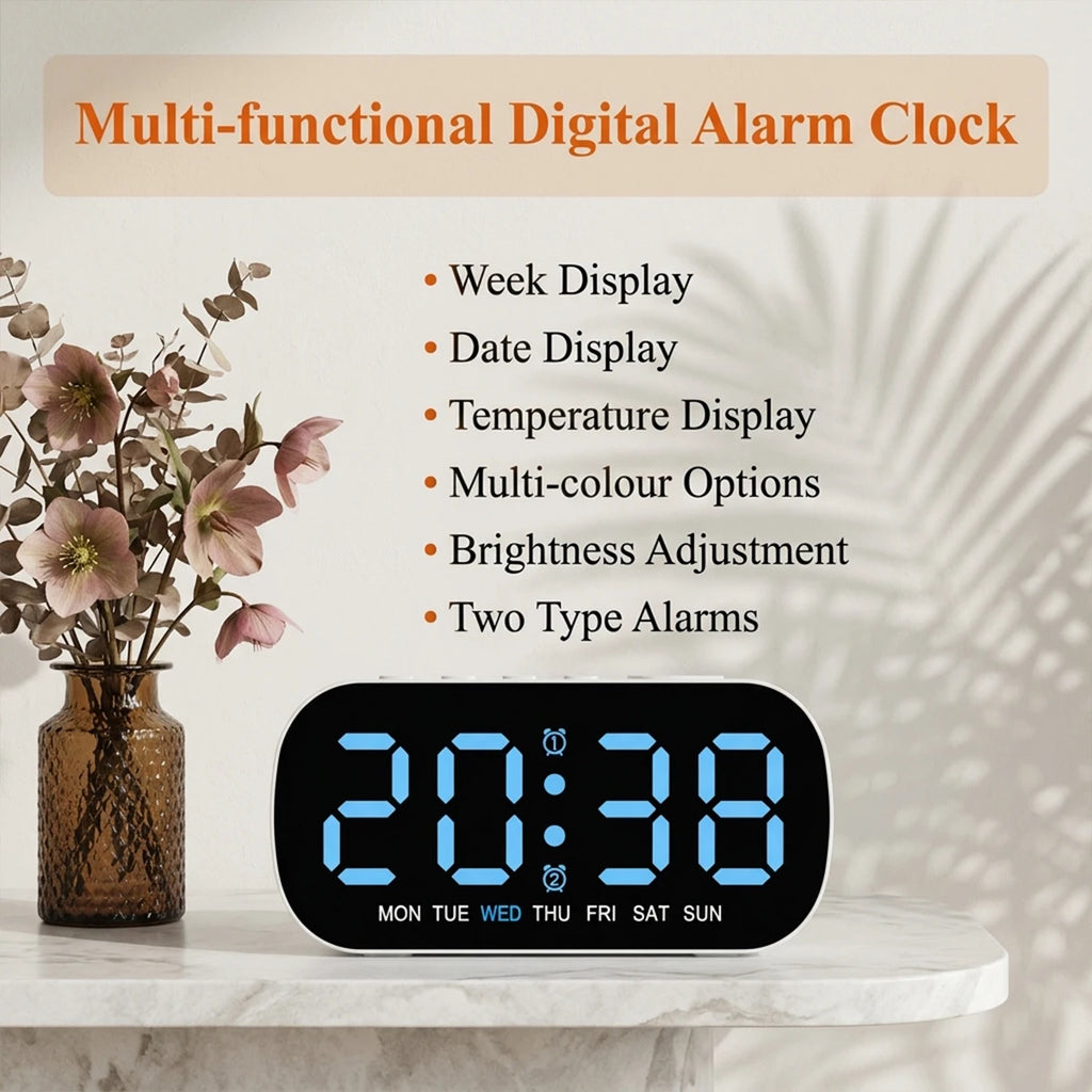 LED Digital Alarm Clock USB Powered Temperature Date Week Dual Alarm Night Mode Snooze Clock 5 Level Brightness 12/24H LED Clock
