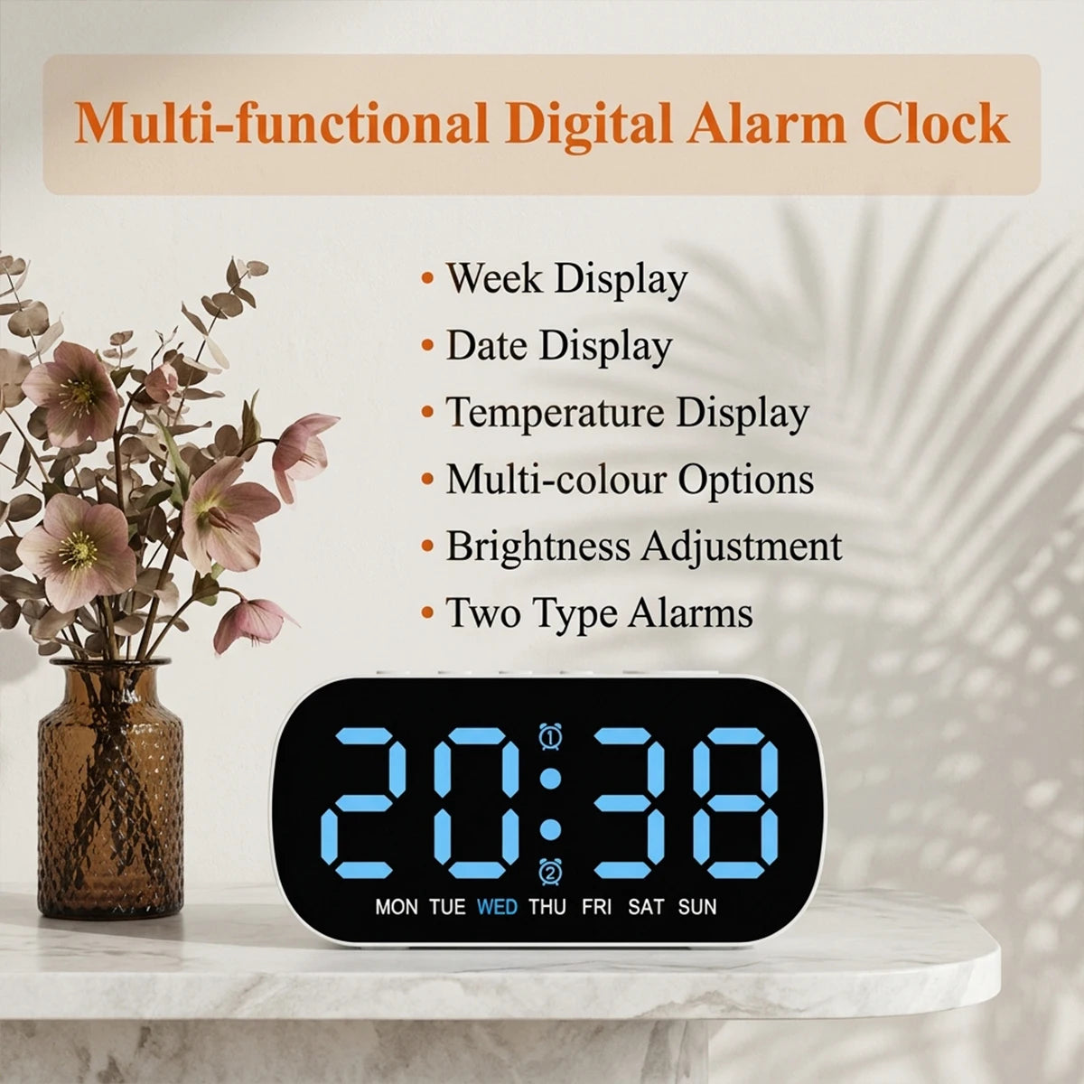 LED Digital Alarm Clock USB Powered Temperature Date Week Dual Alarm Night Mode Snooze Clock 5 Level Brightness 12/24H LED Clock