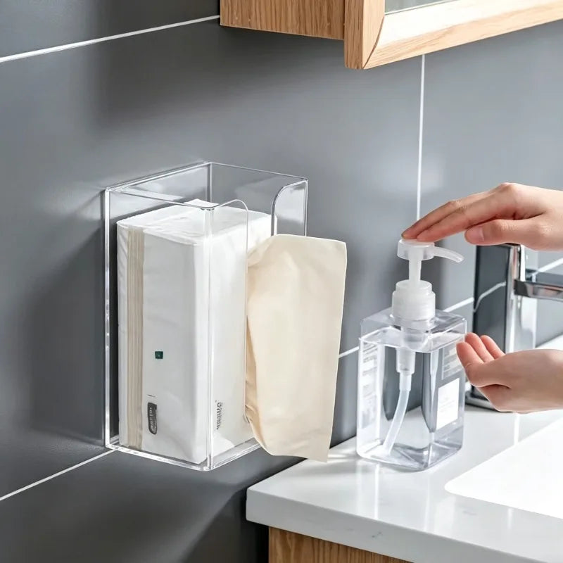 Wall Mount Tissue Box Holder - No-Drill Dispenser with Smooth Pull-Out Design, Space-Saving Inverted Organizer for Bathroom