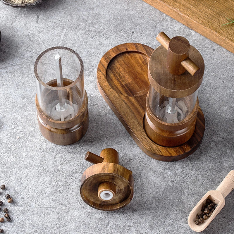 1PC/3PCS Creative Pepper Grinder, Acacia Wood Home Acrylic Transparent Pepper Mill, Kitchen Lantern Sea Salt Grinder Bottle