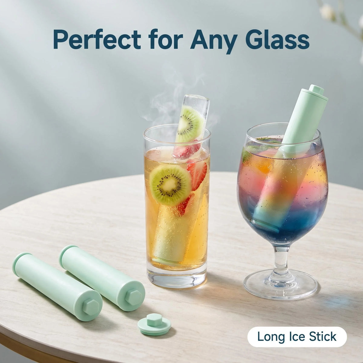 Mint Green Long Ice Pop Mold Set, Easy Press Release Ice Stick Tray with Carry Handle Clear PET Storage Bucket 7 Units for Drink