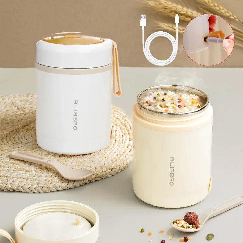 600ML Portable USB Electric Heating Lunch Box Stainless Steel Food Warmer with Drink Function for Picnics Food Heater