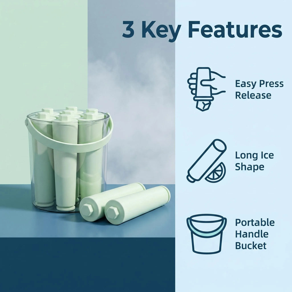 Mint Green Long Ice Pop Mold Set, Easy Press Release Ice Stick Tray with Carry Handle Clear PET Storage Bucket 7 Units for Drink
