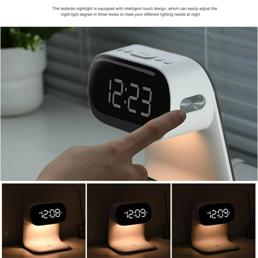 Digital alarm clock with wireless fast charging station, bedside touch smart light, 3-color night light adjustment