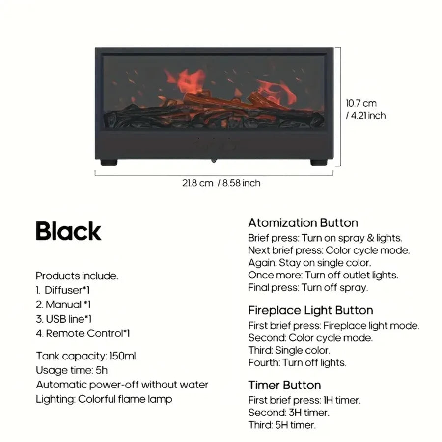 3D flame aroma diffuser humidifier, RGB lights & remote. Timer adjustable, auto shut-off. Ideal for bedroom, office & gifts.