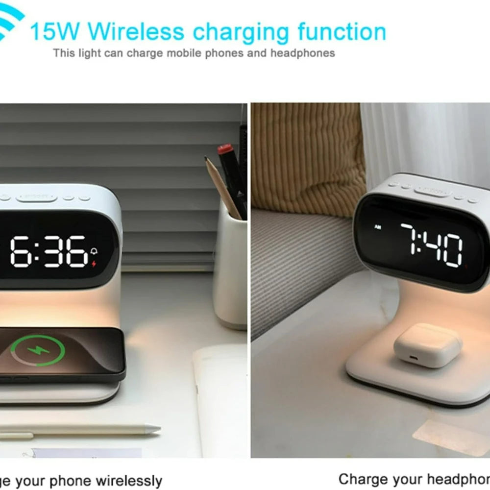 Digital alarm clock with wireless fast charging station, bedside touch smart light, 3-color night light adjustment