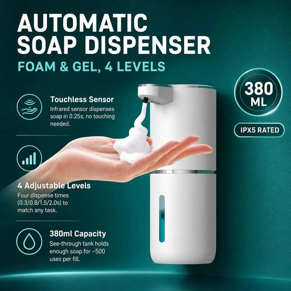 Automatic Soap Dispenser Liquid Foam Touchless Soap Dispenser 380ML USB Rechargeable 4 Level Adjustable Hand Sanitizer P11
