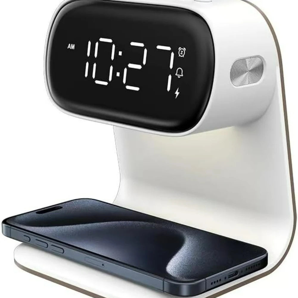 Digital alarm clock with wireless fast charging station, bedside touch smart light, 3-color night light adjustment