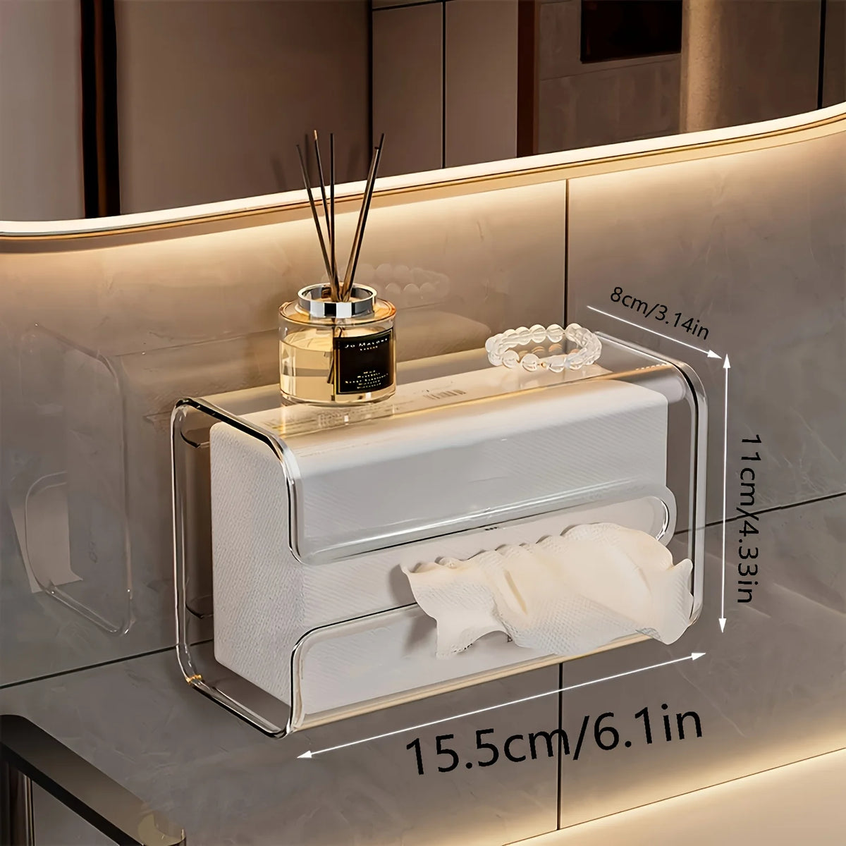 Wall Mount Tissue Box Holder - No-Drill Dispenser with Smooth Pull-Out Design, Space-Saving Inverted Organizer for Bathroom