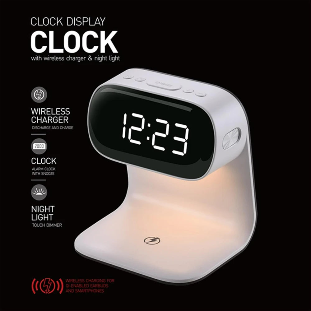 Digital alarm clock with wireless fast charging station, bedside touch smart light, 3-color night light adjustment